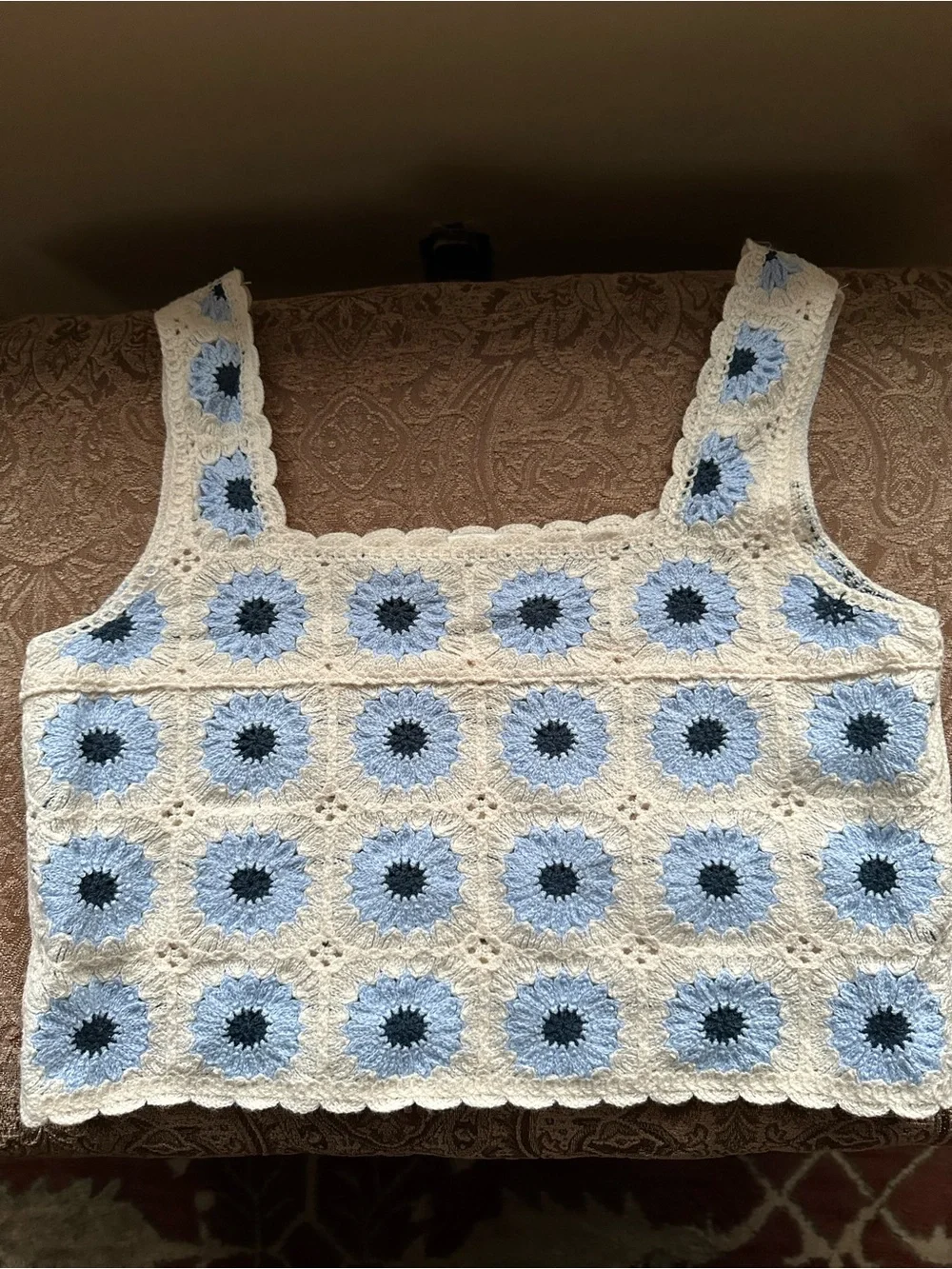 Rebellion Again Blue Floral Crochet Knit Crop Tank Top Medium Boho Festival - Picture 2 of 8